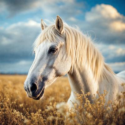 Primary subject: A white horse with blonde hair.

Setting/background: A field of tall, dry grass.

Visual style: A photo of the horse in the field.

Colors and mood: The image is in black and white, giving it a classic and timeless feel.